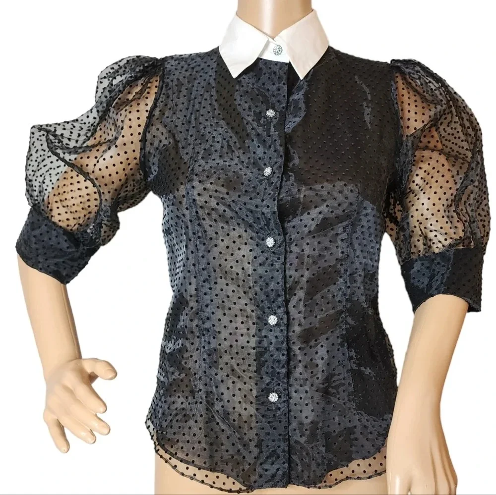 NWT Zara Jewel Button Black Sheer Velvet Dot Puff Sleeve Blouse Top Size Small
